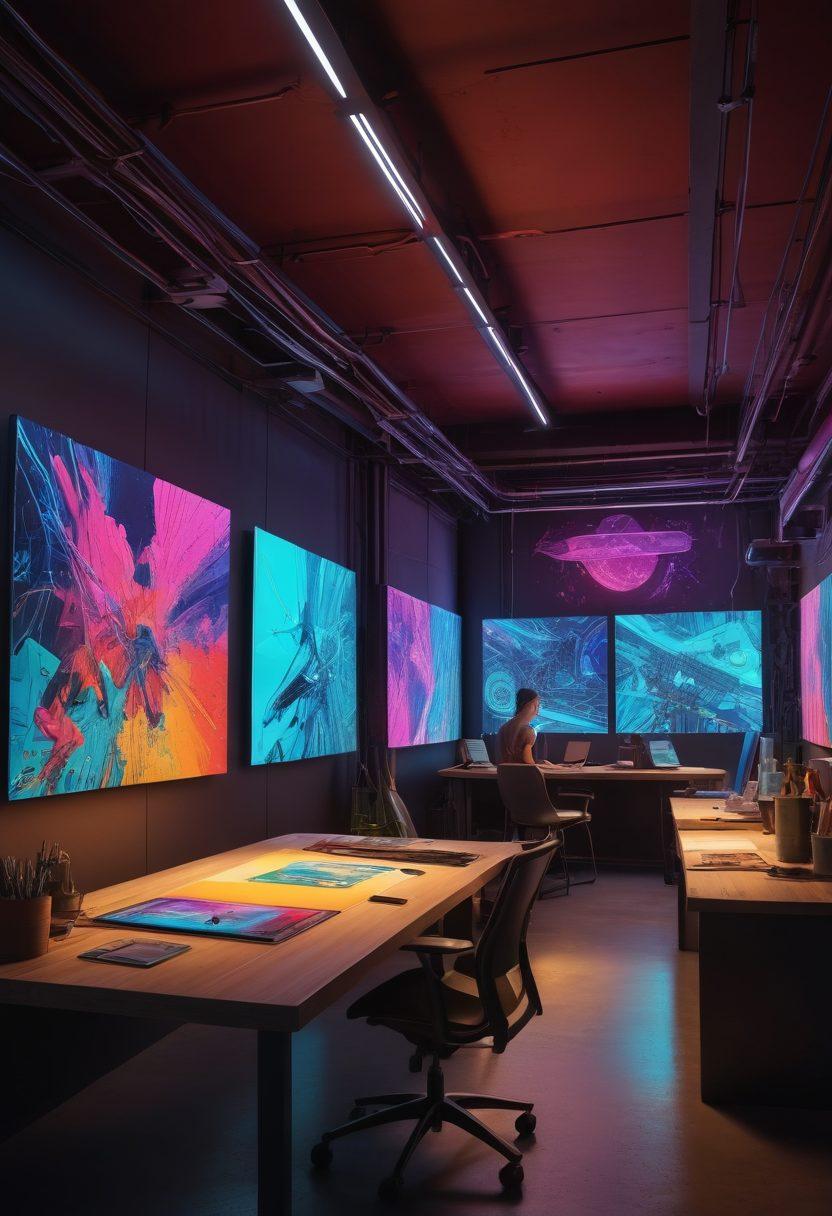 A vibrant workspace filled with artists passionately using Autodesk software on futuristic tablets and large screens, showcasing 3D models and digital artworks in progress. The atmosphere should blend creativity and technology, with colorful sketches scattered on the table and illuminated by soft, artistic lighting. Include a diverse group of artists collaborating, representing various art forms like sculpture, graphic design, and architecture. The backdrop features abstract art pieces that illustrate the evolution of artistic expression. cyberpunk. vivid colors. digital art.