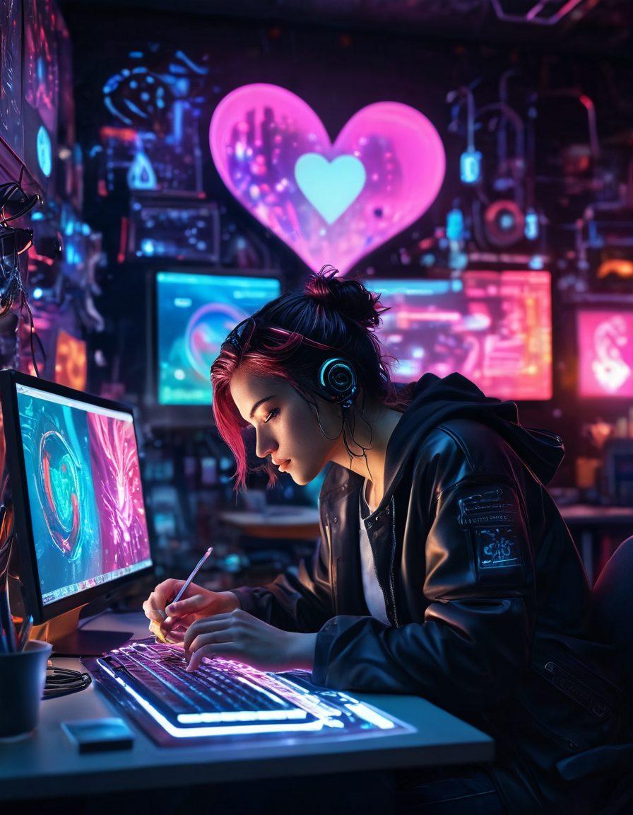 A surreal scene depicting a digital artist immersed in their work, with colorful emotions visually swirling around them, symbolizing affection and creativity. The artist's workspace is adorned with vibrant digital tools and glowing screens that showcase innovative designs. Soft, ethereal light filters through, enhancing the atmosphere of passion and inspiration. Include heart-shaped icons floating gently in the background, representing the essence of affection in creativity. cyberpunk. vibrant colors. super-realistic.