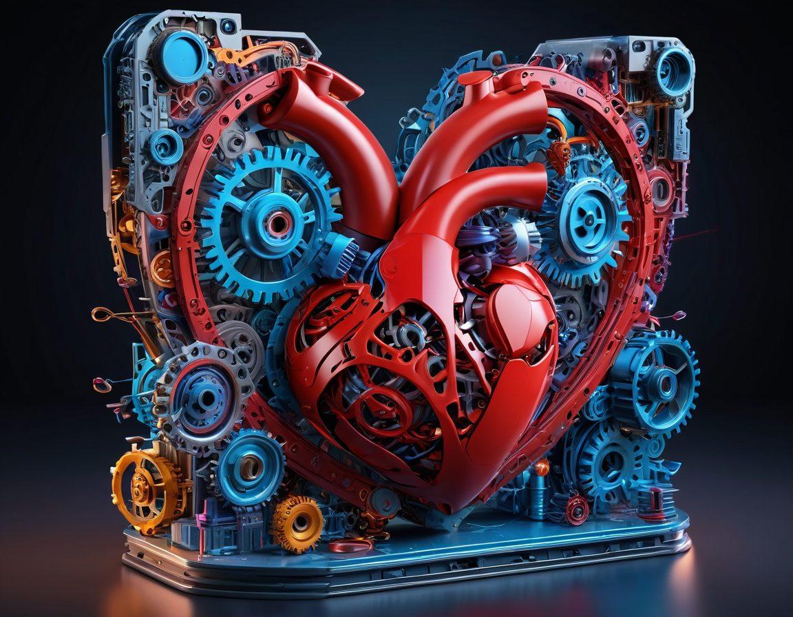 A captivating 3D scene showcasing a heart intertwined with innovative design elements like gears and digital interfaces. The background features a vibrant fusion of colors symbolizing passion, while the foreground highlights intricate sketches of design tools. Light glimmers off the surfaces, creating a sense of depth and creativity. super-realistic. vibrant colors. 3D.